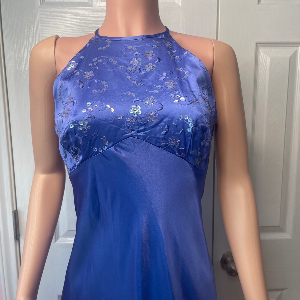 Zum Zum Satin Maxi Dress Blue Sequin Halter Open Back Vintage Y2K Formal 13-14 - Picture 11 of 16